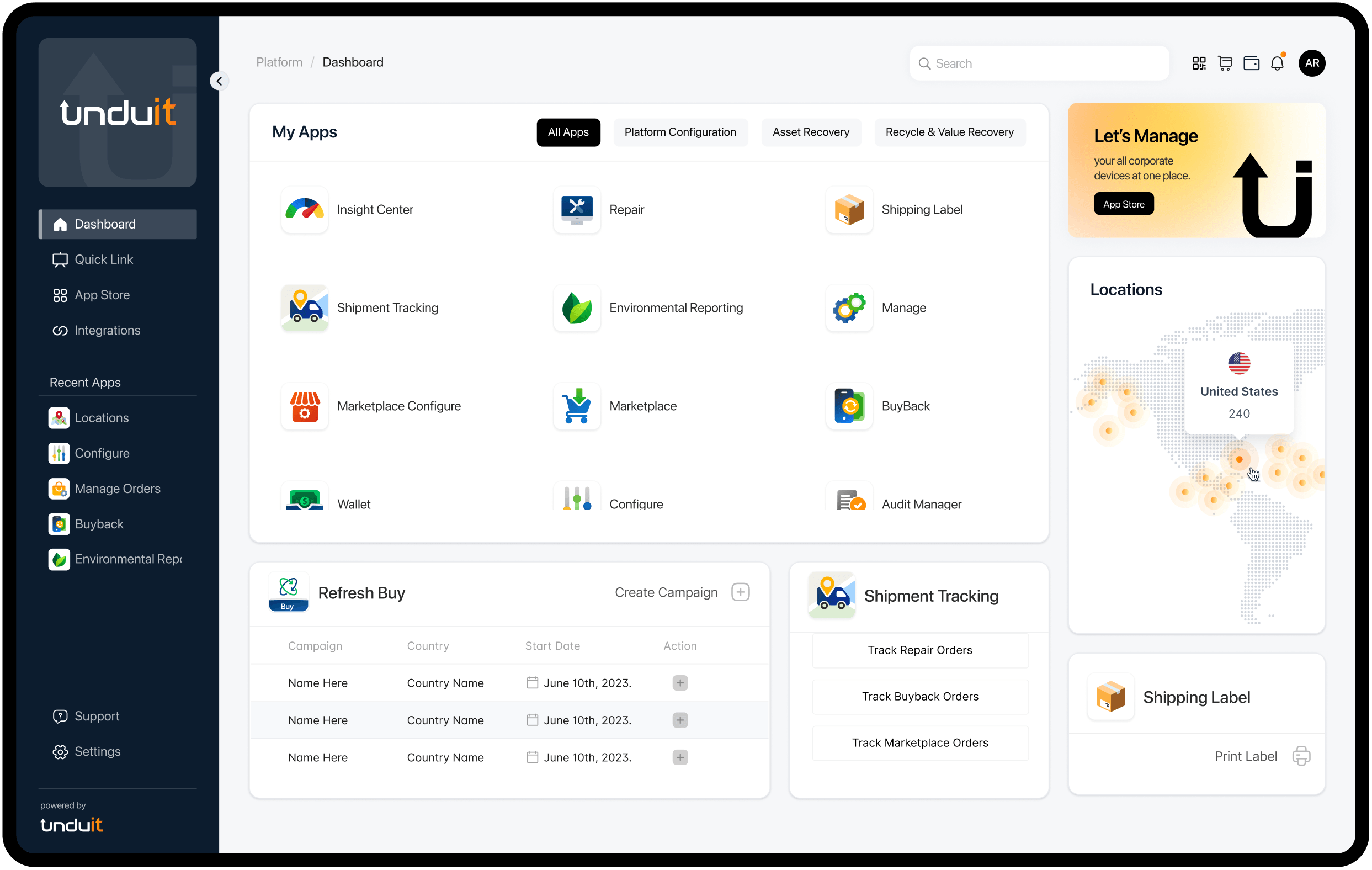 Unduit Platform Dashboard